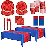 Oudain 162 Spider Birthday Party Decoration Supplies Red Blue Disposable Rectangular Spider Web Tablecloth Paper Plates Napkins Cups Set Plastic Dinner Tableware Forks Spoons Knifes
