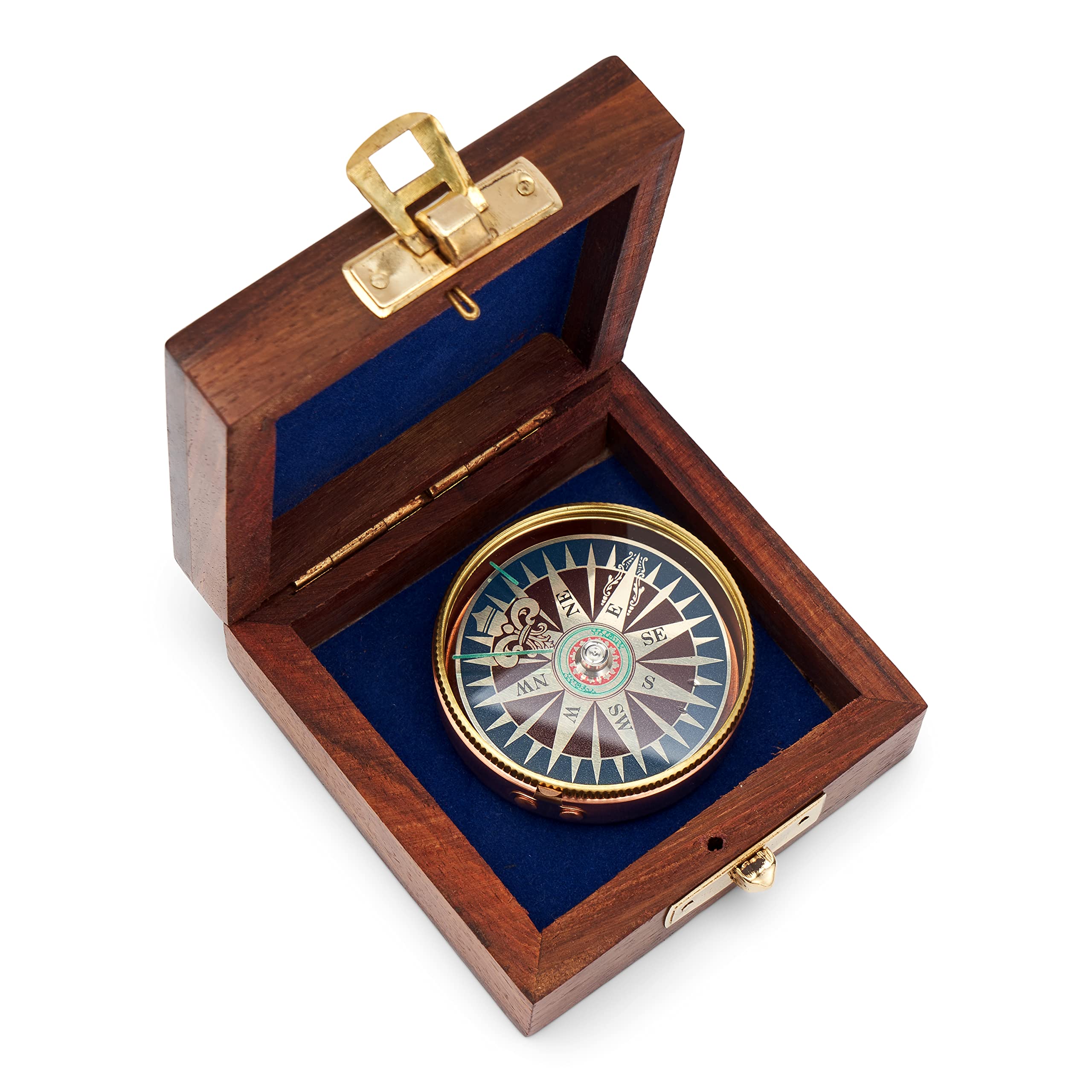 NKlaus 5 cm Compass Wind Rose Leaf Brass - Copper in Wooden Box 8 x 8 x 3.5 cm Gift 11675