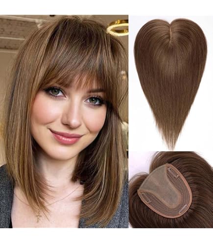 Human Hair Topper 5x5.5 Inch Base 14 Inch Length With Bangs Amazon.com : Starluck Real Human Hair Topper - 14 inch with  main image 3