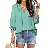 Triratna Womens Summer Blouses Flowy Casual V-Neck Front Tie Tops 3/4 Sleeve with Elastic Cuffs Vacation Shirts Boho