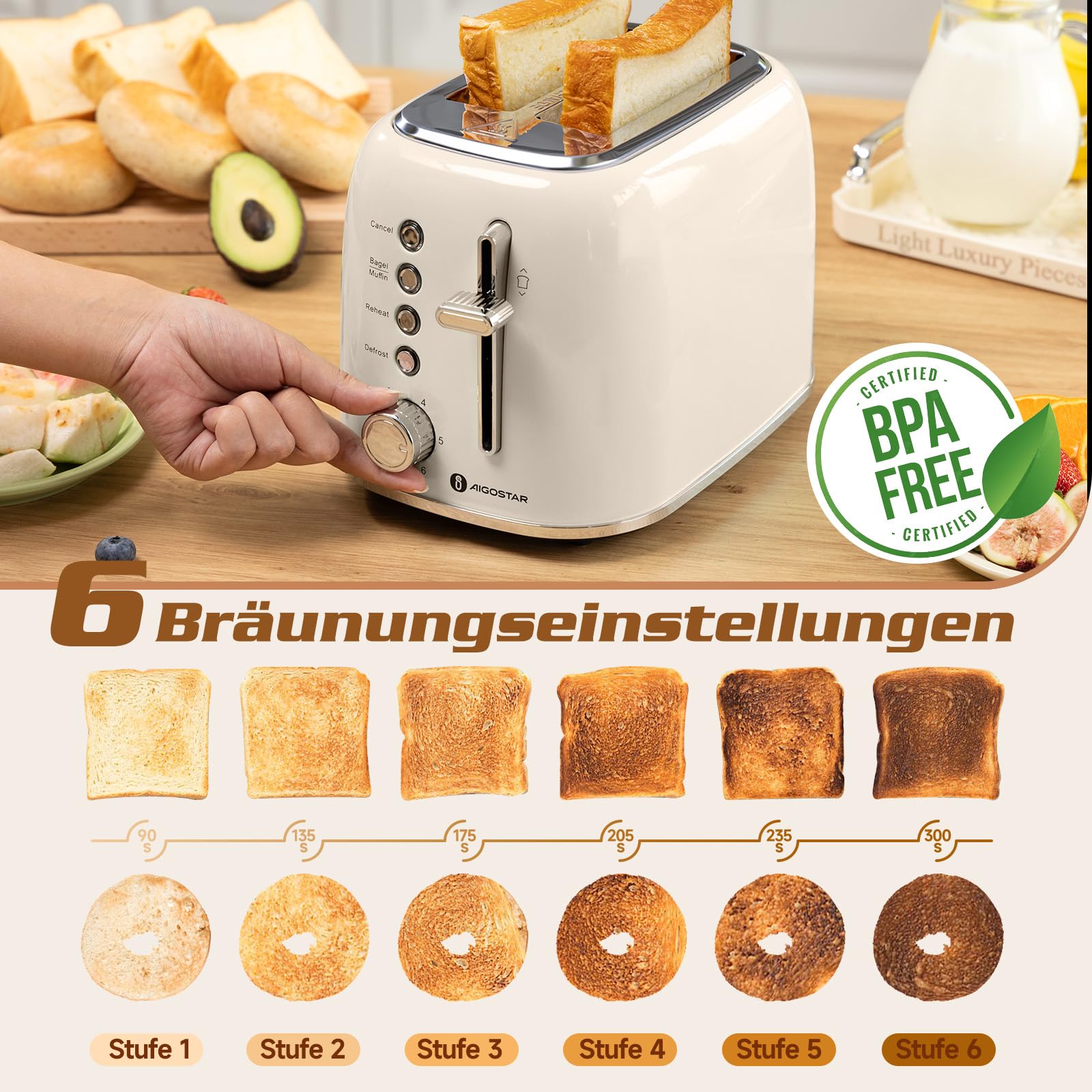 Aigostar Toaster 2 Scheiben, Retro Edelstahl Creme, 4 Funktionen (Bagel/Auftauen/Aufwärmen/Abbrechen), Extra Breite Toastschlitze, 6 Bräunungsstufen, Liftfunktion, 800W. Retro Cream 3