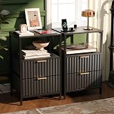 VINGLI Black Nightstands Set of 2 with Fabric Drawers, Fluted Nightstands with Charging Station, Night Stand Set of 2, Small Bedside Table, Bed Side Table/Night Stand with Charging Station for Bedroom
