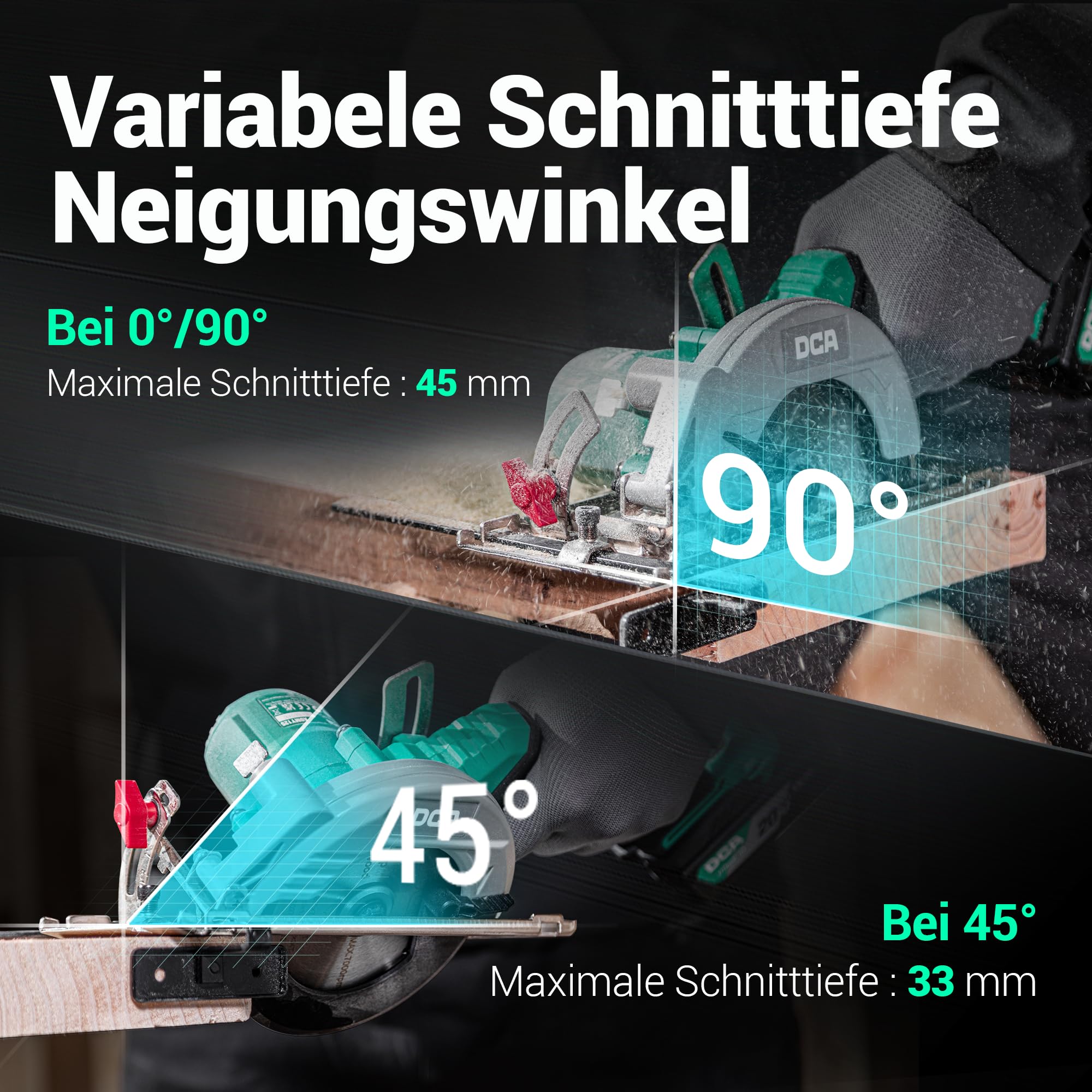 DCA Bürstenlose Akku-Handkreissäge 20V mit 4,0Ah Akku, 2-Gang 6700/4200RPM Kreissäge, 3 Sägeblatt Ø125mm mit Führungsschiene, 45mm(90°)/33mm(45°) Schnitttiefe, Mini Kreissäge für Holz, Plastik, PVC 4