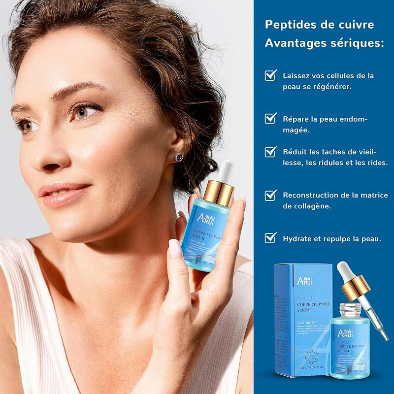 ANAiRUi Sérum de Peptides de Cuivre pour le Visage - Sérum Anti-Âge GHK-Cu - Réduit les Rides et les Ridules, Répare la Peau Prématurément Vieillie et Abîmée, 30 ml