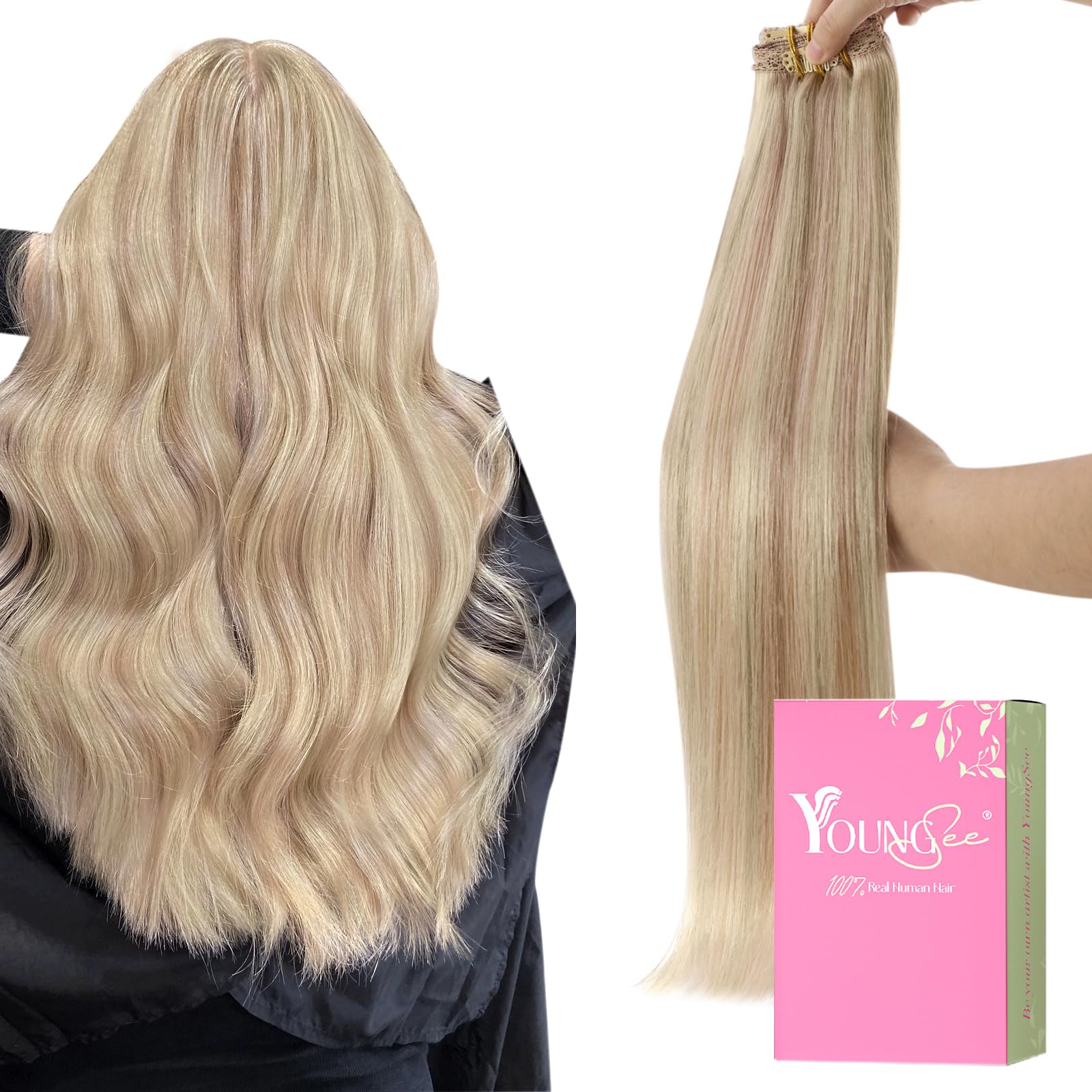 YoungSee Blonde Clip in Hair Extensions 16 inch 120g Clip in Human Hair Extensions Ash Blonde Highlight Bleach Blonde Clip on Hair Extensions for Women Reusable 7Separate Pieces Full Head