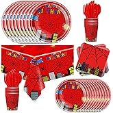 81Pcs Cartoon Spider Birthday Party Supplies,Red Spider Set Tableware Plates Napkins Cups Knives Spoons Forks