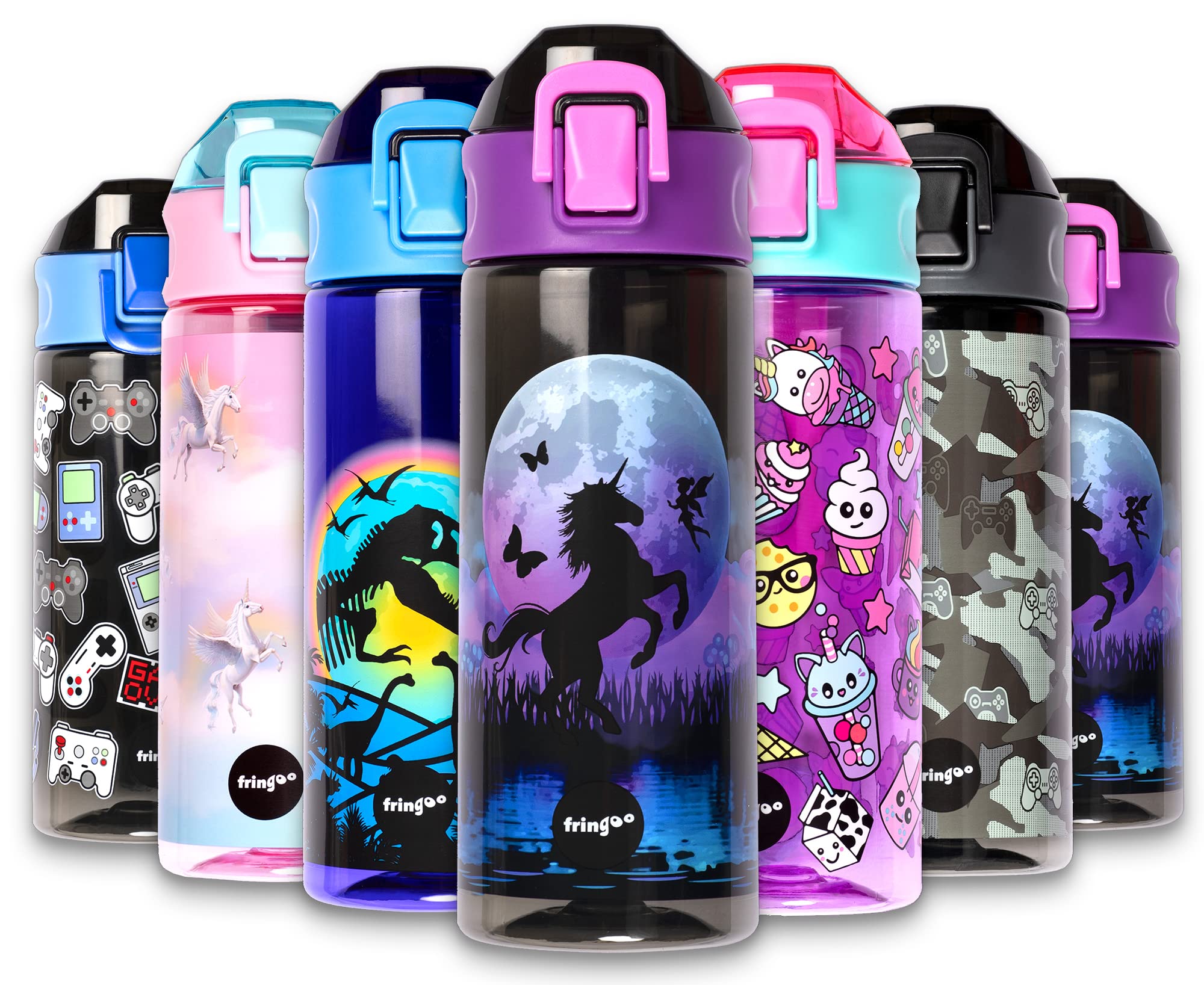 fringoo - Unicorn Moon - BPA free water bottles - Pink straw water bottle - Reusable water bottle - 600ml / 20 Oz