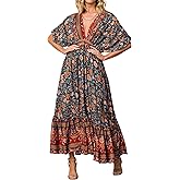 R.Vivimos Women's Summer Boho Floral Print Midi Dress Short Sleeve Deep V Neck Empire Waist Flowy Beach Dress with Pockets