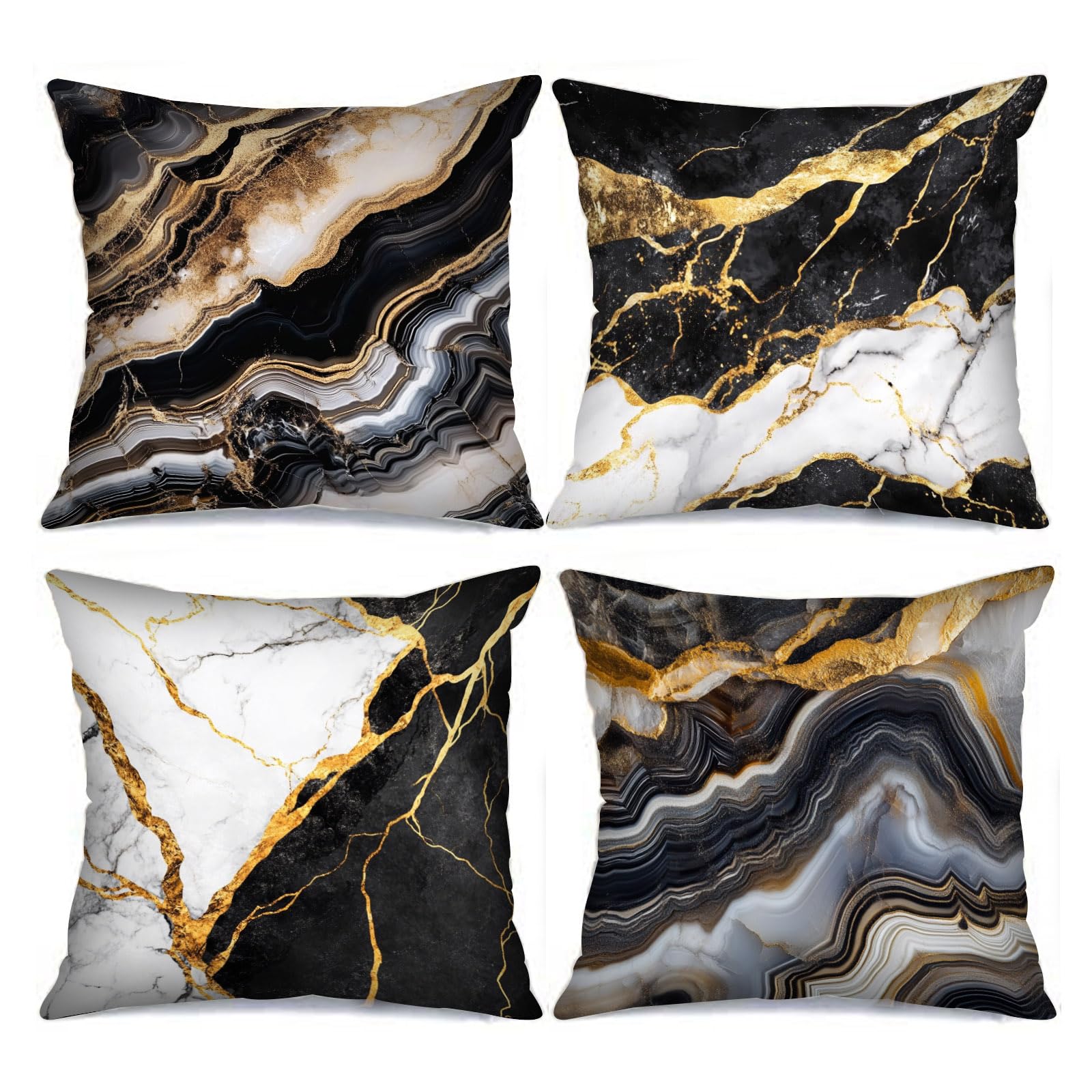 Tucocoo Black and White Pillows Cover Marble Pattern Throw Pillow Cases with Golden Veins Pillowcase Set of 4 Cushion Case Gloden for Couch Sofa Home Office Abstract Gift(18 X 18 Inch) — image 1