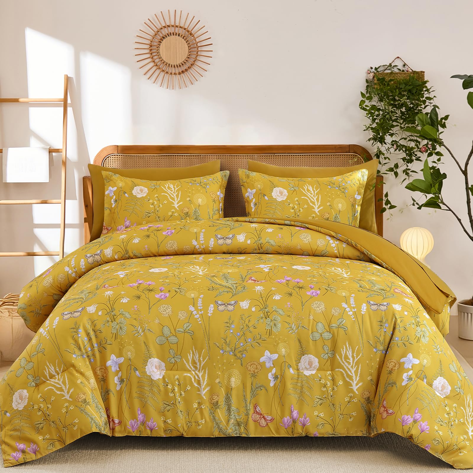 Yiran King Size Comforter Set, 7 Pieces Yellow Floral Soft Bedding Sets, King Bed in a Bag Botanical Flowers All Season Comforter, Sheets, Pillowcases & Shams