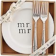 Mud Pie Mrs. Cake Set, plate 8" dia | fork 8", White
