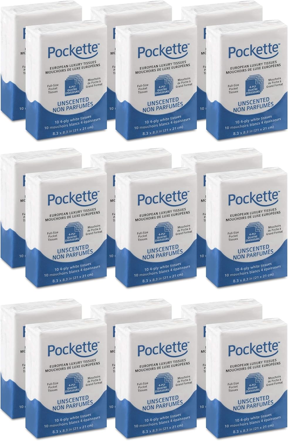 Pockette Premium 4-Ply Pocket Size Facial Tissues (Unscented) | 18 packs of 10 | Super Strong and Now Even Softer | Recyclable: Office Products