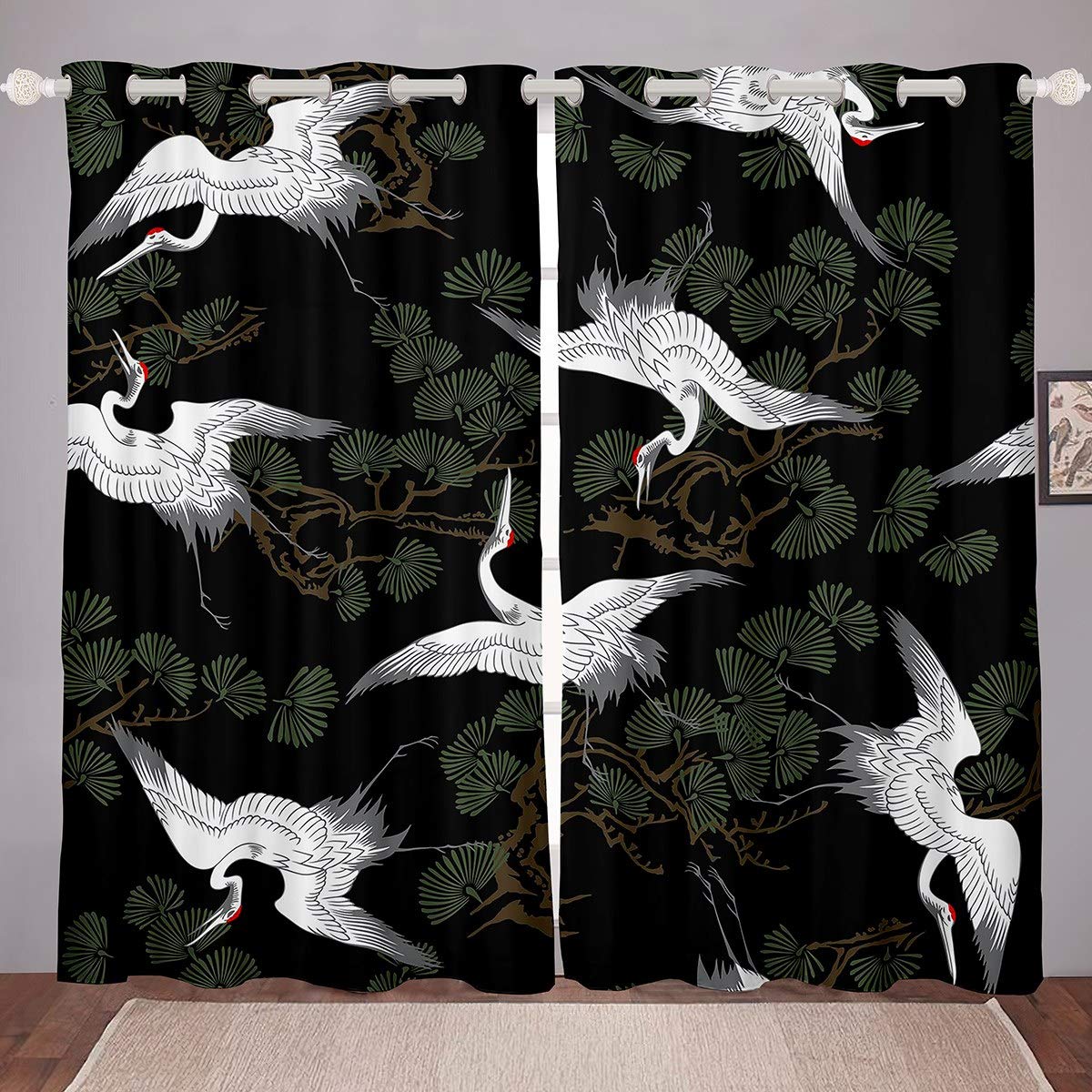 White Cranes Curtains Japanese-Style Window Drapes For Kids Children Teens Exotic Animal Pine Tree Window Treatments Japanese Bird Window Curtain Green Black Bedroom Decor W46*L54