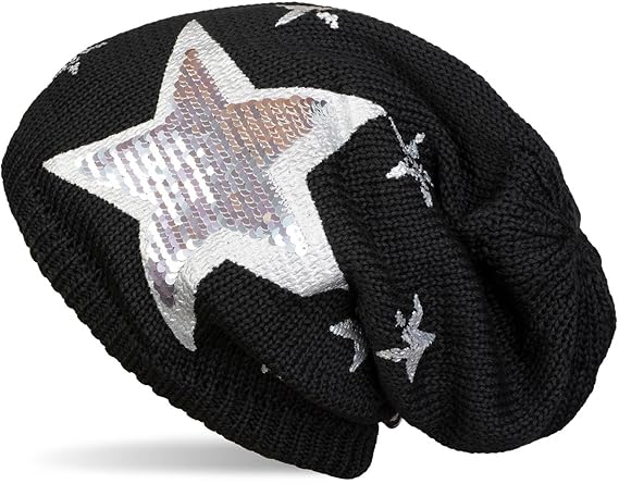styleBREAKER warme Feinstrick Beanie Mütze mit All Over Vintage Stern Print, Pailletten Stern und sehr weichem Fleece Innenfu