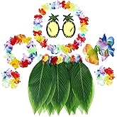 7 Pcs Luau Outfits Hawaiian Aloha Flower Leaf Grass Hula Skirt Leis Set Hairclip Sunglasses Garland for Tropical Party