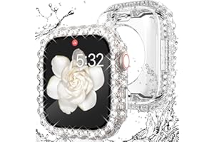 WINGLE 2 in 1 Waterproof Case for Apple Watch 41mm Screen Protector Case Series 9 8 7, Bling Lace Edge Diamond Face Cover Full Glitter Rhinestone Protective Bumper for iWatch Women, 41 mm Clear