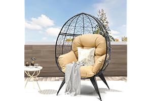 DWVO Egg Chair Patio Rattan Chair with Stand Anti-Slip All-Weather Poratble Adjustable Chair Feet Wicker Egg Lounger Chair for Indoor Outdoor 330LBS (Beige)