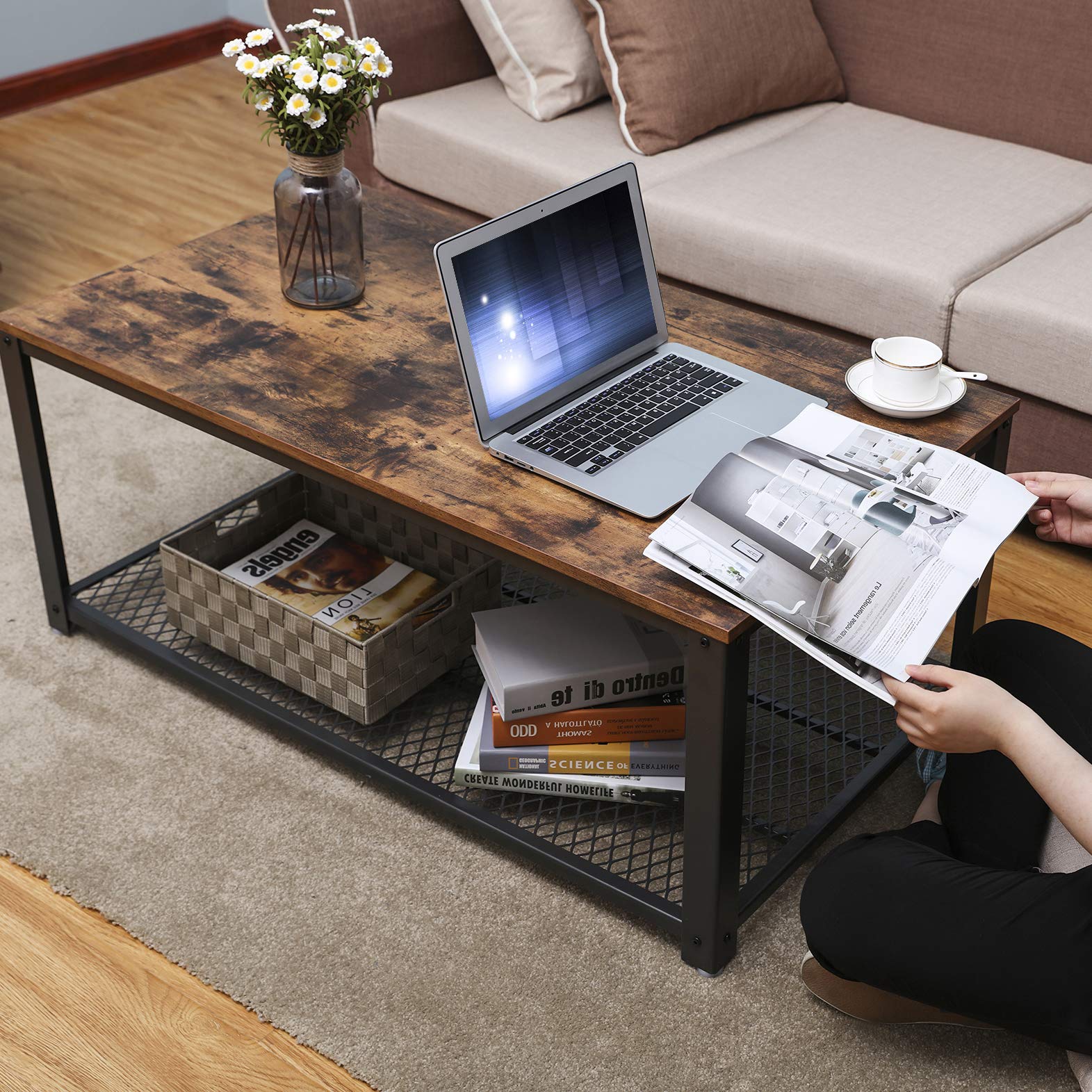 VASAGLE Industrial Coffee Table with Storage Shelf for Living Room