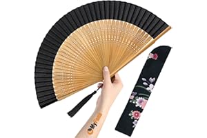 OMyFans Hand Fan for Women Foldable - Folding Chinese Japanese Vintage Bamboo Silk Fan - Ideal for Hot Flashes, Church, EDM, Festivals, Dancing and Gifts (Bamboo-S)