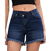 LookbookStore Jean Shorts for Women Low Waisted Stretchy Crossover Waist Denim Shorts Raw Hem
