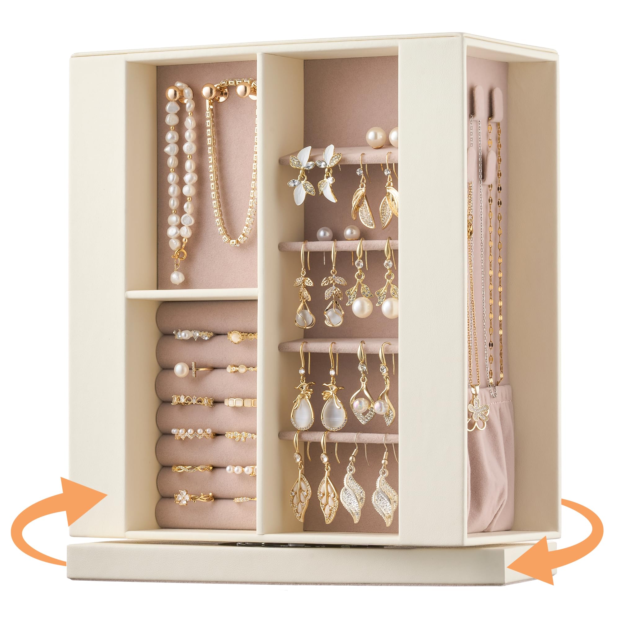 Photo 1 of Jewelry Box Organizer for Women: 360 Rotating Vertical Storage Case, Ivory Leather with Pink Velvet, Ring Necklace Bracelet Holder, Gift Decor, 10 x 8.7 x 3.9 in