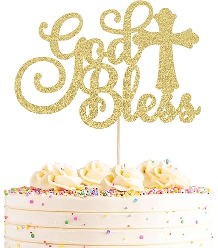 ZAIBIANHAO God Bless Cake Topper - Gold Glitter Baptism & First Communion Party Decorations