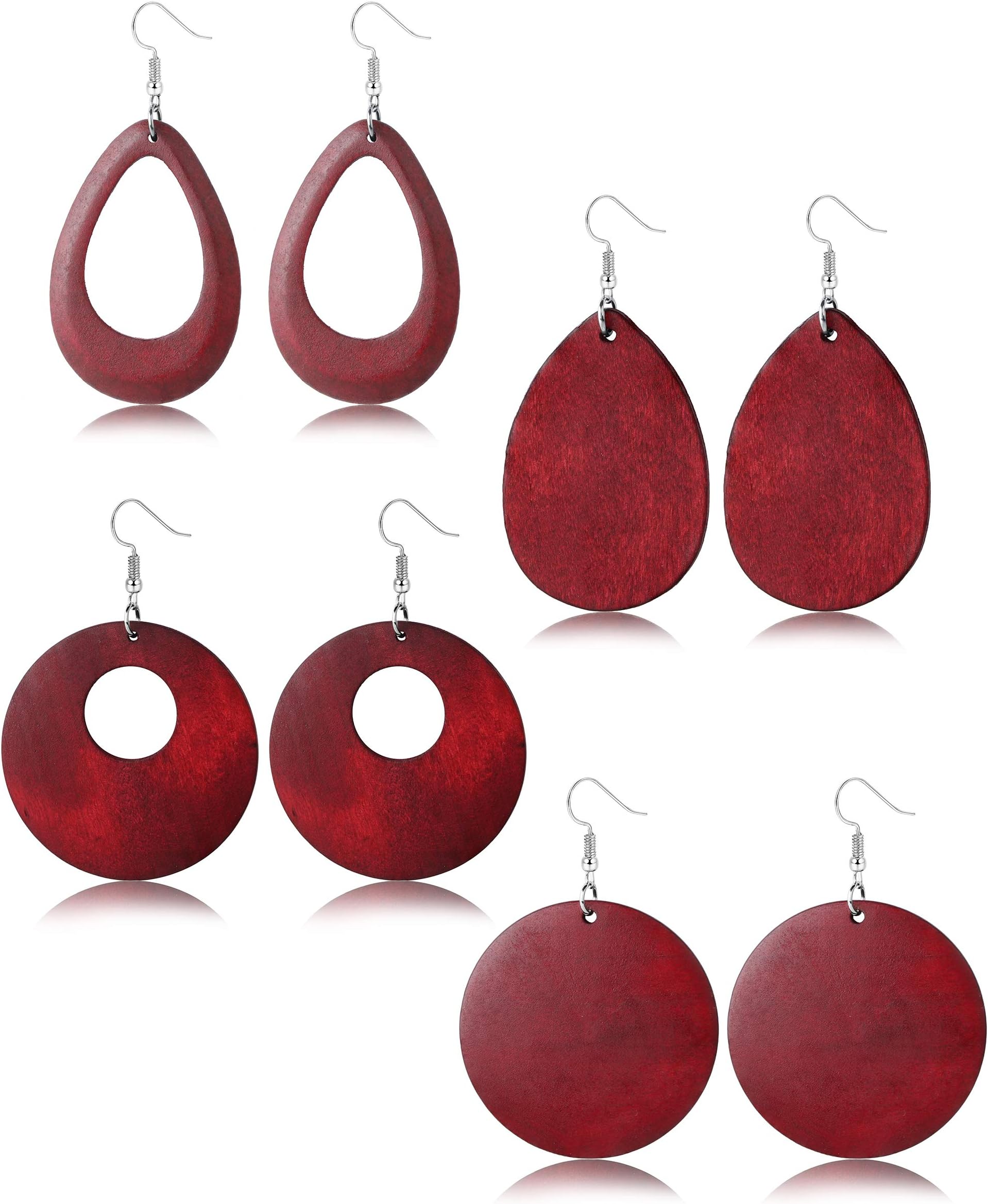 4 Pairs Statement Dangle Earrings for Women Ethnic Wood Drop Earrings Stainless Steel Stud