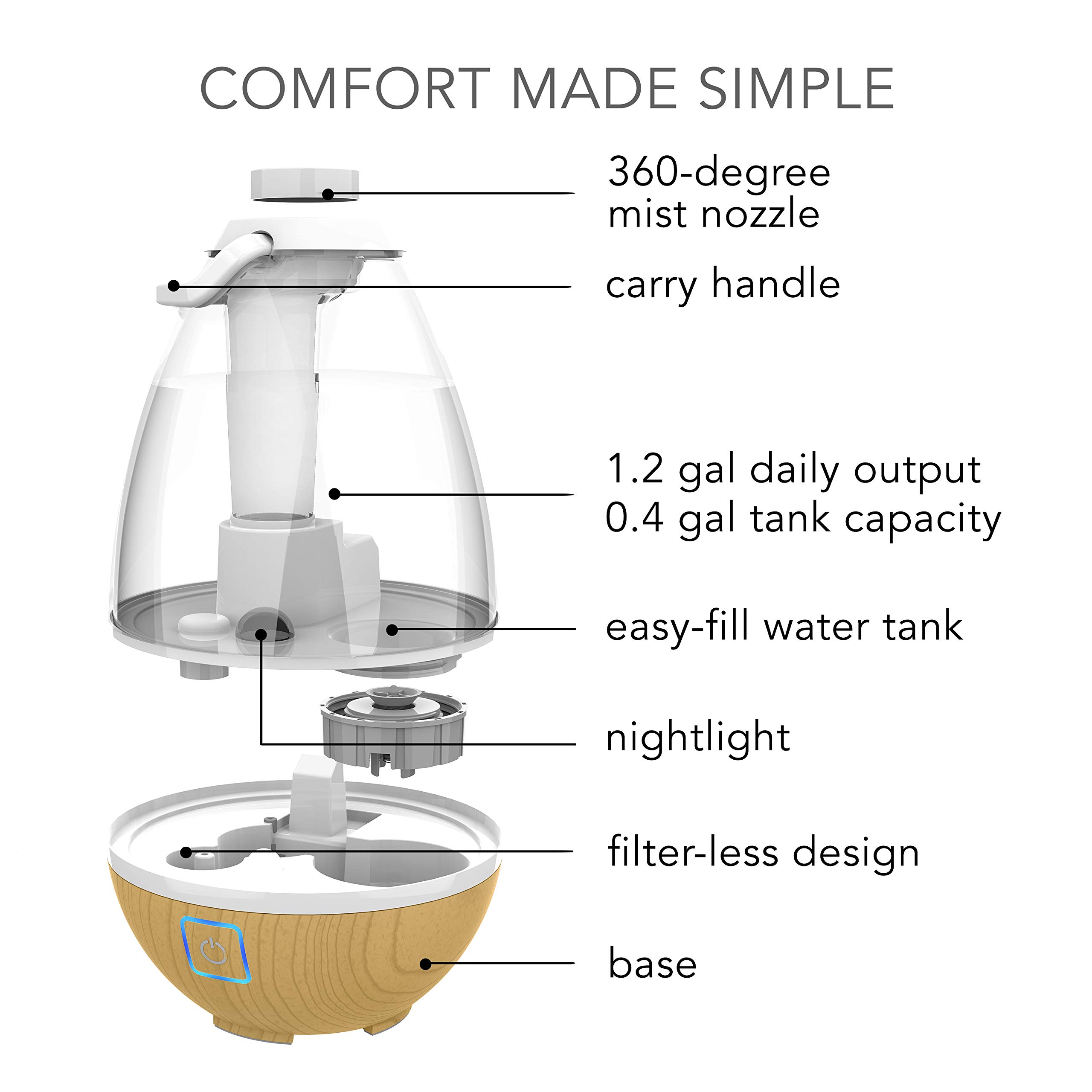 Sharper Image UHT1-SI Ultrasonic Cool Mist Humidifier, 0.4 Gallon (1.5L) Water Tank, 2 Settings, Auto Shut-Off, 360° Rotatable Nozzle, Illuminated Touch Control, LED Nightlight, Ash Woodgrain