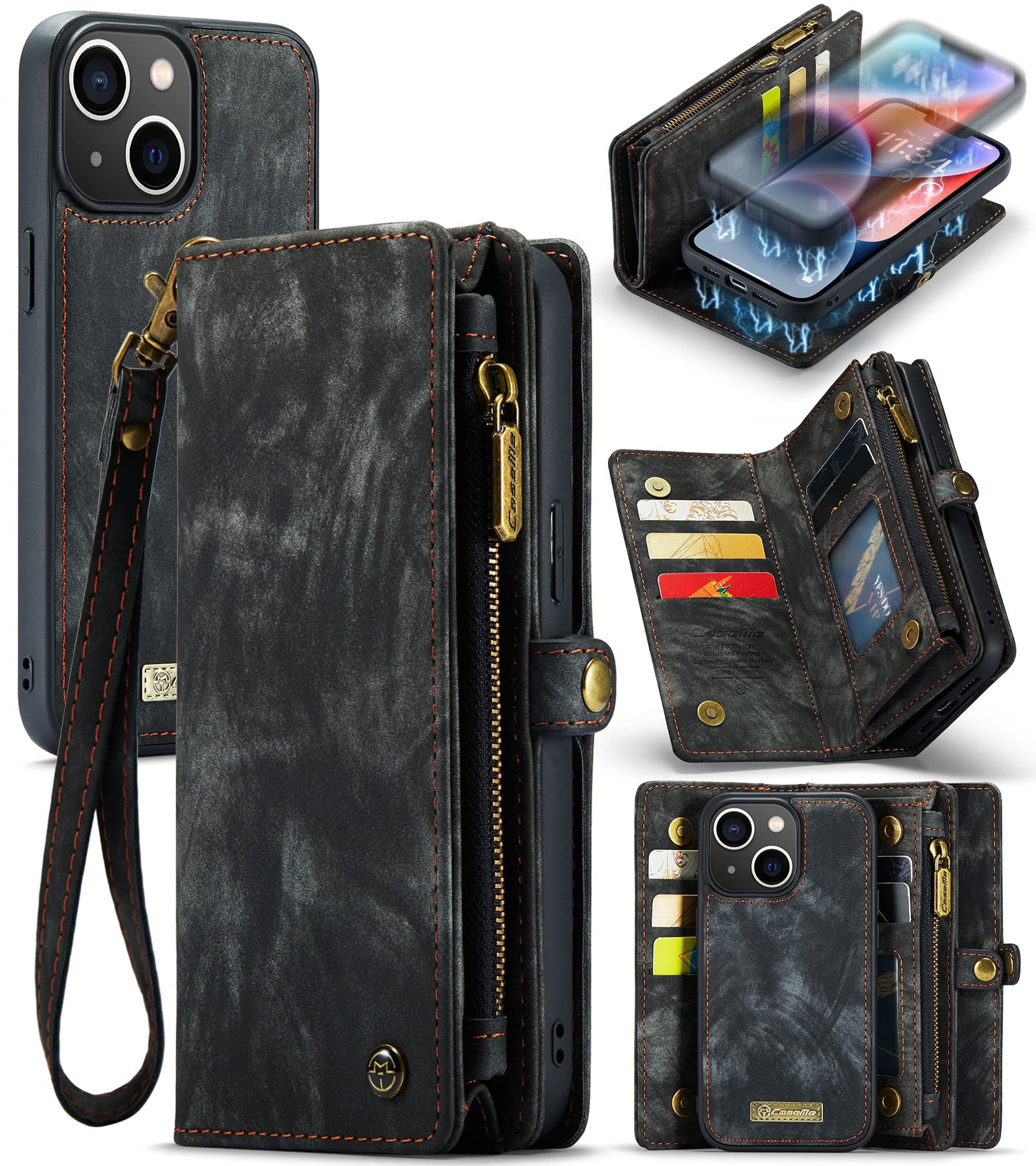 UFinetech Case for iPhone 14, Shockproof Card Holder Leather Wallet Cover for iPhone 14, Flip Bumper Magnetic Detachable Zipper Slots with Strap Anti-Scratch Soft TPU Luxury Purse Holster, Black