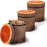 Nodaaiie 3 Pcs Tree Stump Storage Stool, 12 x 12 Inch Fiberboard Ottoman with Foam Cushion, Folding Toy Box and Foldable Seat Chest for Kids, Classic Design