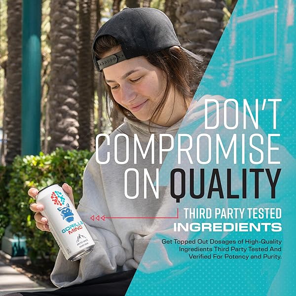 GORILLA MIND ENERGY DRINK | UNMATCHED ENERGY · AMPLIFIED FOCUS | N-ACETYL-L-TYROSINE, ALPHA-GPC, 200MG CAFFEINE, URIDINE, SAFFRON | 0 SUGAR OR ARTIFICIAL COLORS | 16OZ, 12-PACK (LYCHEE BOMB)