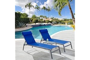 DOMI OUTDOOR LIVING Domi Patio Chaise Lounge Set, Classic Pool Lounge Chairs with 5 Adjustable Posation, Breathable Textilene Fabric, Headrest and Table, Steel Frame Pool Chairs, Blue