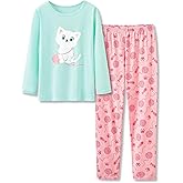 Beezizac Pajamas for Girls 2-Piece Marble/Checker/Cat/Panda Print Long Sleeves Shirt & Pants PJ Set Jammies Size 4T-18