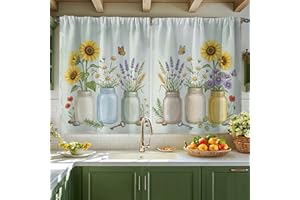 Sunflower Kitchen Curtains, Farmhouse Rustic Butterfly Lavender Spring Yellow Patterned Curtains for Laundry Room Sink Area H