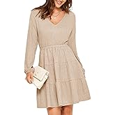 Glamaker Women's Long Sleeve Mini Sweater Dress 2024 Fall Ribbed Knit Dress Casual V Neck Ruffle Flowy Tiered Dresses