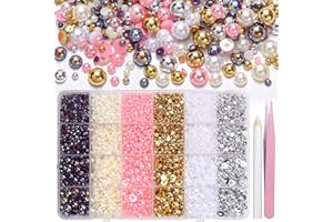 TATIWOO 9000Pcs Flatback Pearls for Crafting, Silver Gold White Nail Half Pearls and Gems, 3-8mm Color Pink Beige Purple Half Round ABS Flatback Pearl Gems Bedazzling for Nails DIY Shoes Clothes Bags