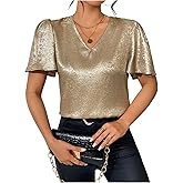Floerns Women's Metallic Flounce Short Sleeve Shirts V Neck Party Blouse Tops