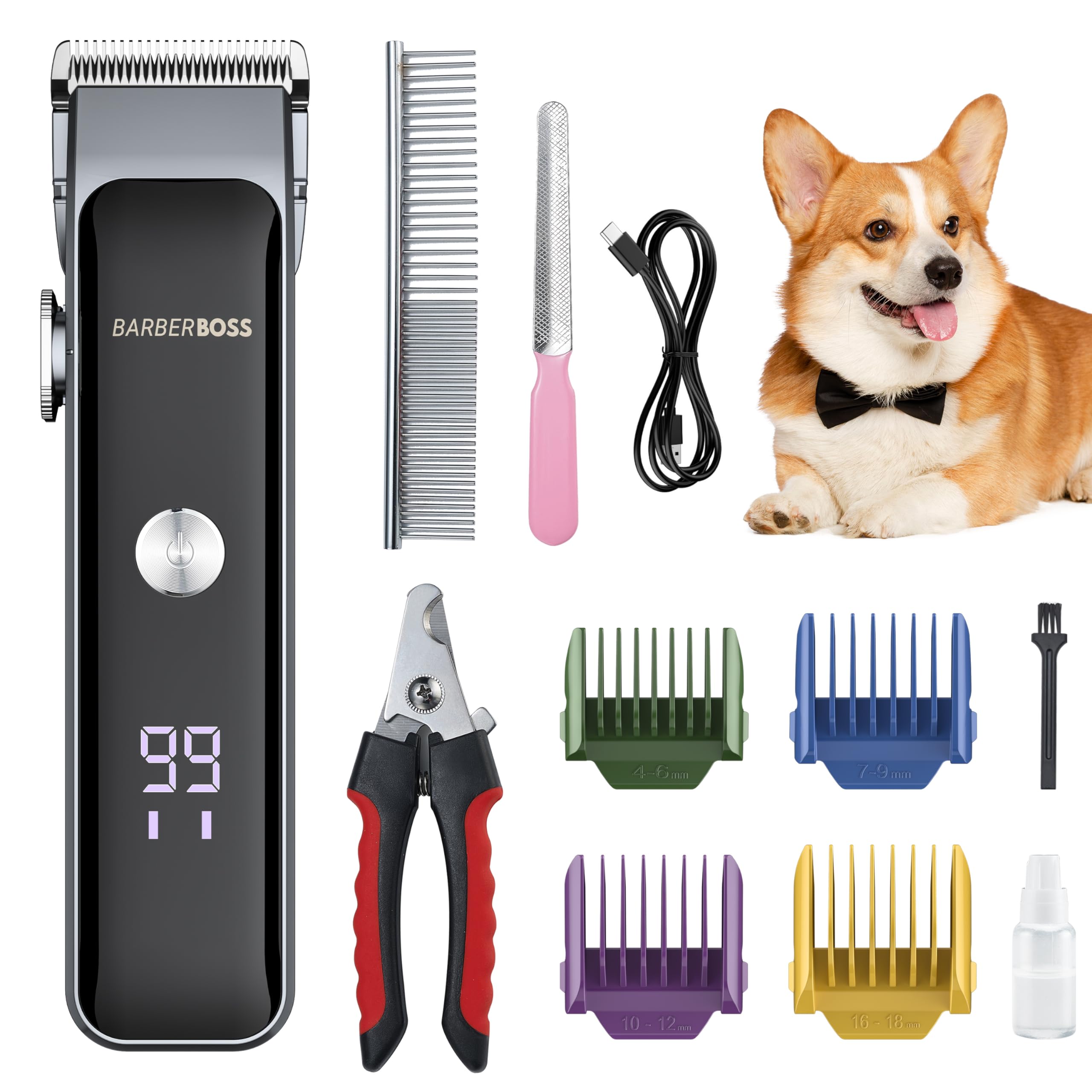 BarberBoss All-in-One Dog Grooming Kit, Professional Groomer for Thick Hair, Dog Clippers Cordless, Cat Clippers for Matted Fur, Pet Grooming Kit, Pet Trimmer, QR-9089