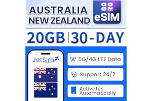 JetSIM eSIM Australie et Nouvelle-Zélande (30 jours), 20 Go de données haut débit, activation rapide avec code QR, aucune exp