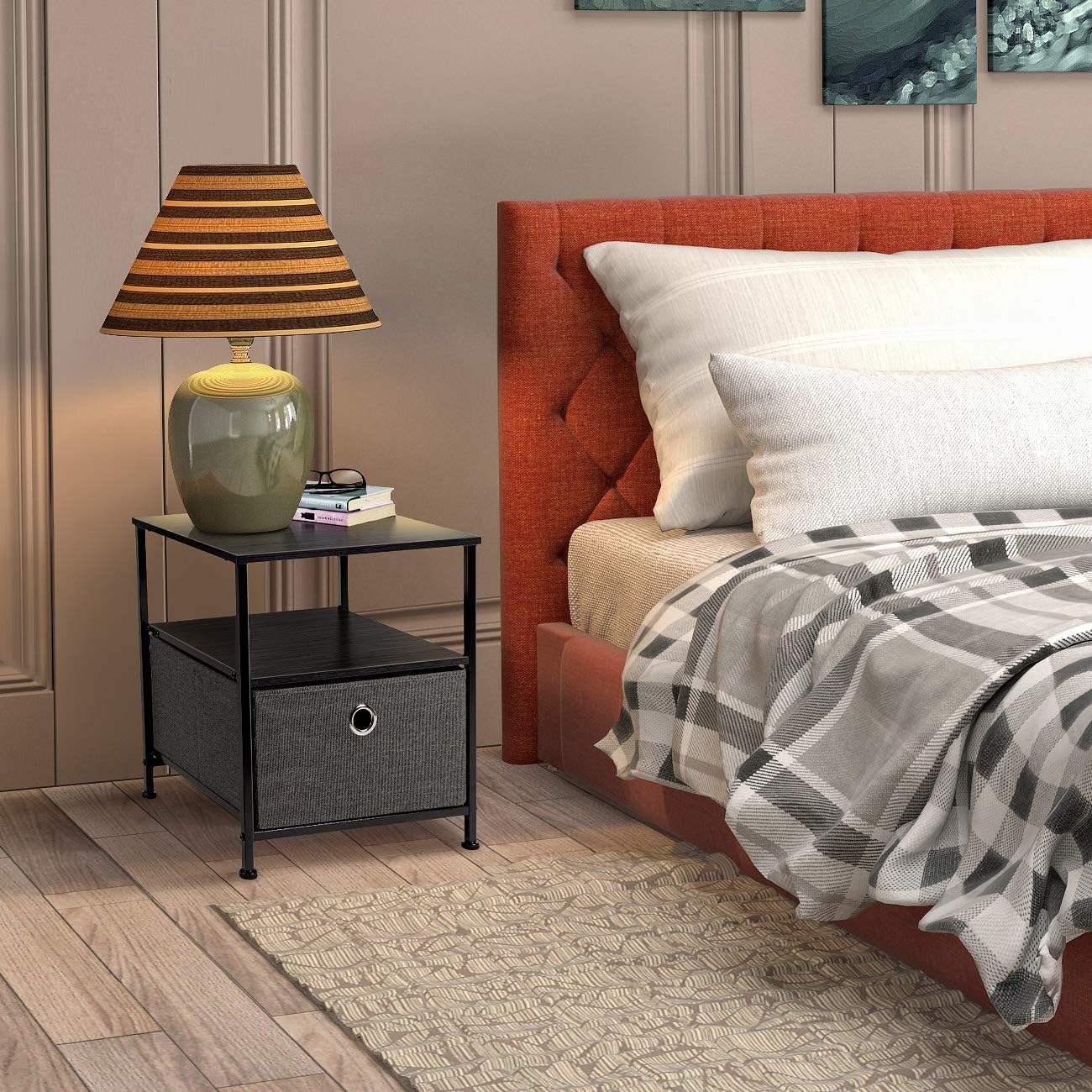 Sorbus Nightstand 1-Drawer Shelf Storage- Bedside Furniture & Accent End Table Chest for Home, Bedroom, Office, College Dorm, Steel Frame, Wood Top, Easy Pull Fabric Bins (Black/Charcoal): Kitchen & Dining