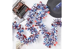 OHIYOO 50 Feet 4th of July Tinsel Garland Red White Blue Patriotic Star Garland Twisted Hanging Streamer for 4th of July Party Decoration Independence Day Memorial Celebration (Style A)