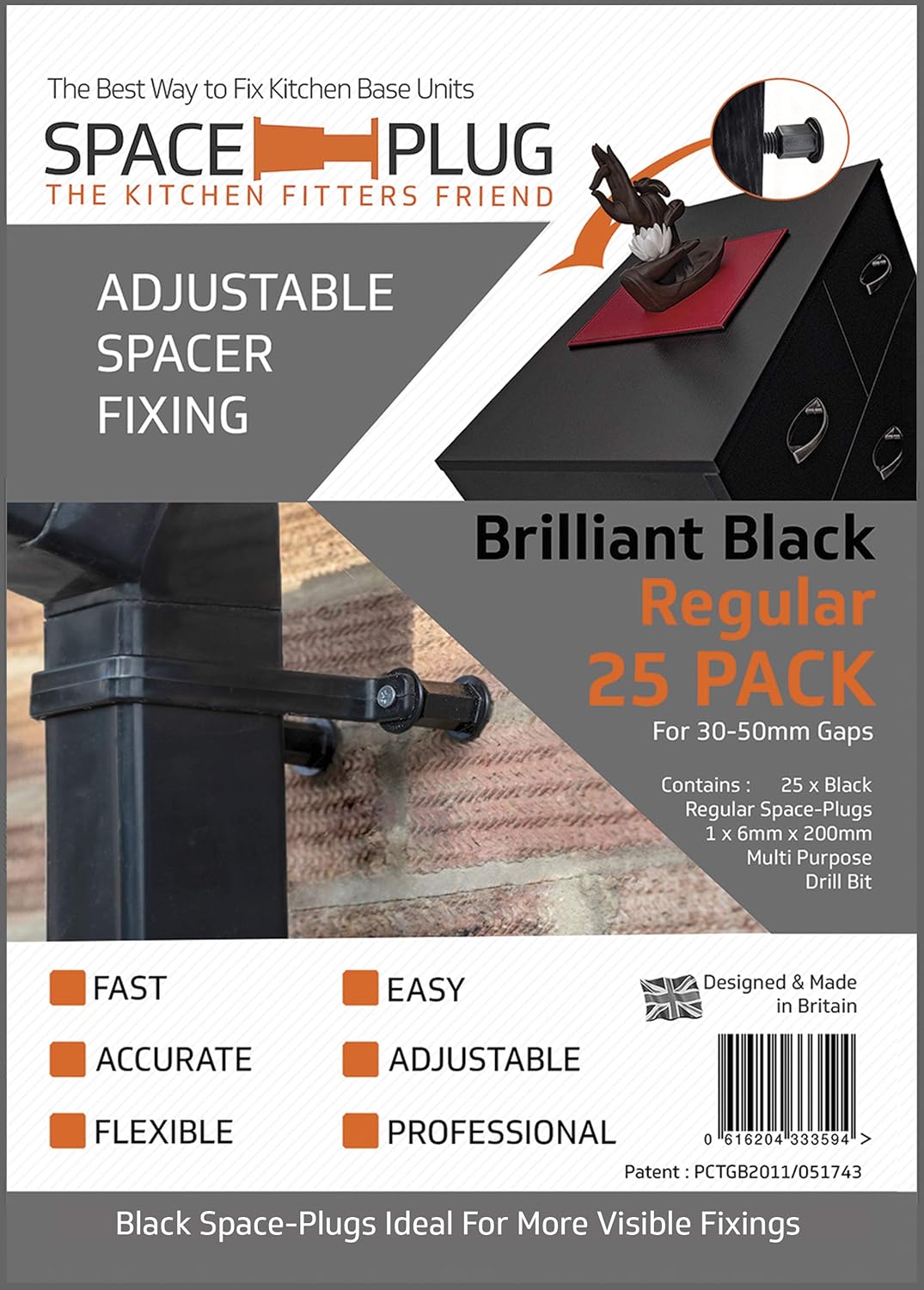 Space-Plug Adjustable Spacer Fixings (Regular size for 30-50mm gaps), 25 Pack of Black Spacers - Image 3