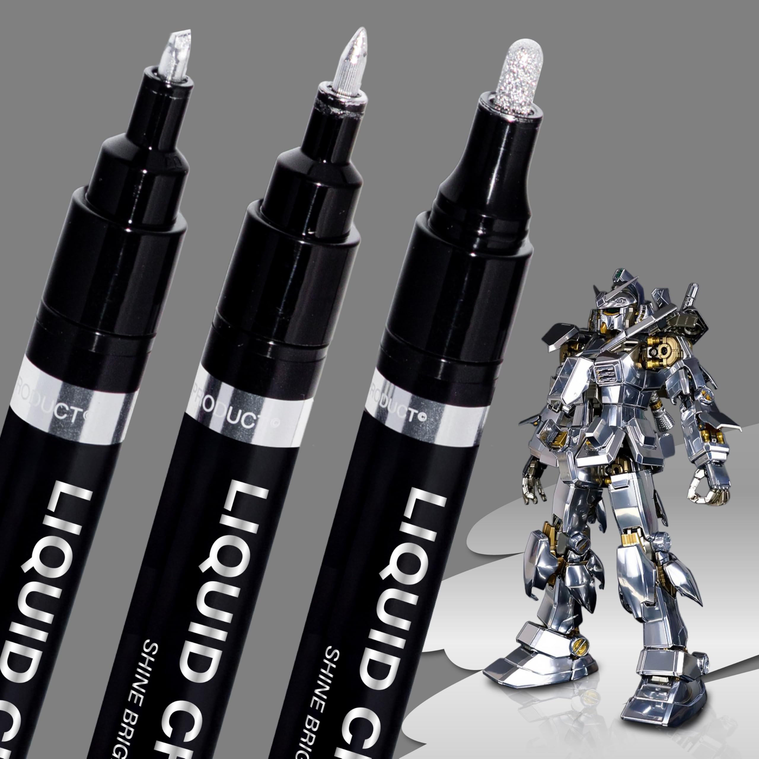 Photo 1 of COORIART 3PK Liquid Chrome Markers - Permanent Mirror Chrome Pens, Chrome Paint Pens for Plastic, Metal, Model Painting, Touch Up & Repair Kit, Set of 3 Tips (0.7mm, 1mm, 3mm)
