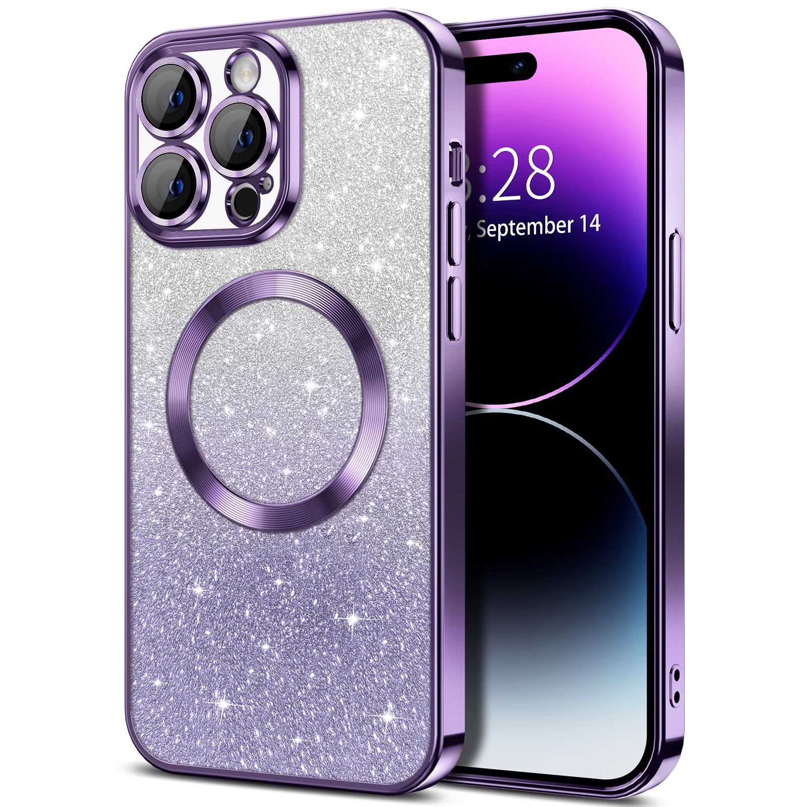 Photo 1 of Hython for iPhone 14 Pro Max Case Clear Magnetic Glitter Phone Cases [Compatible with MagSafe] Full Camera Lens Protector Slim Gradient Sparkle Luxury Plating Shockproof Protective Cover Women, Purple