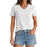 MAGCOMSEN Women's T Shirts Short Sleeve V Neck Shirts Casual Basic Tee Tops Summer Fashion Outfits UPF 50+ White L