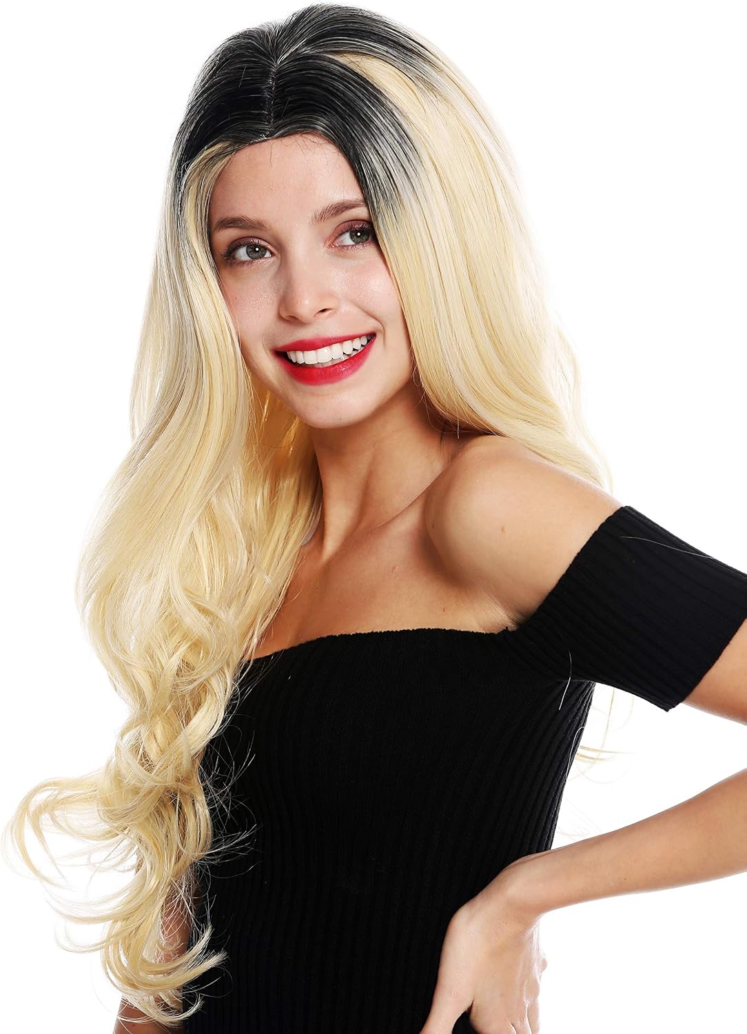 WIG ME UP, GFW2645 women's quality wig very long wavy middle parting black blonde ombre mix, Blonde-black mix (1+613B-144)