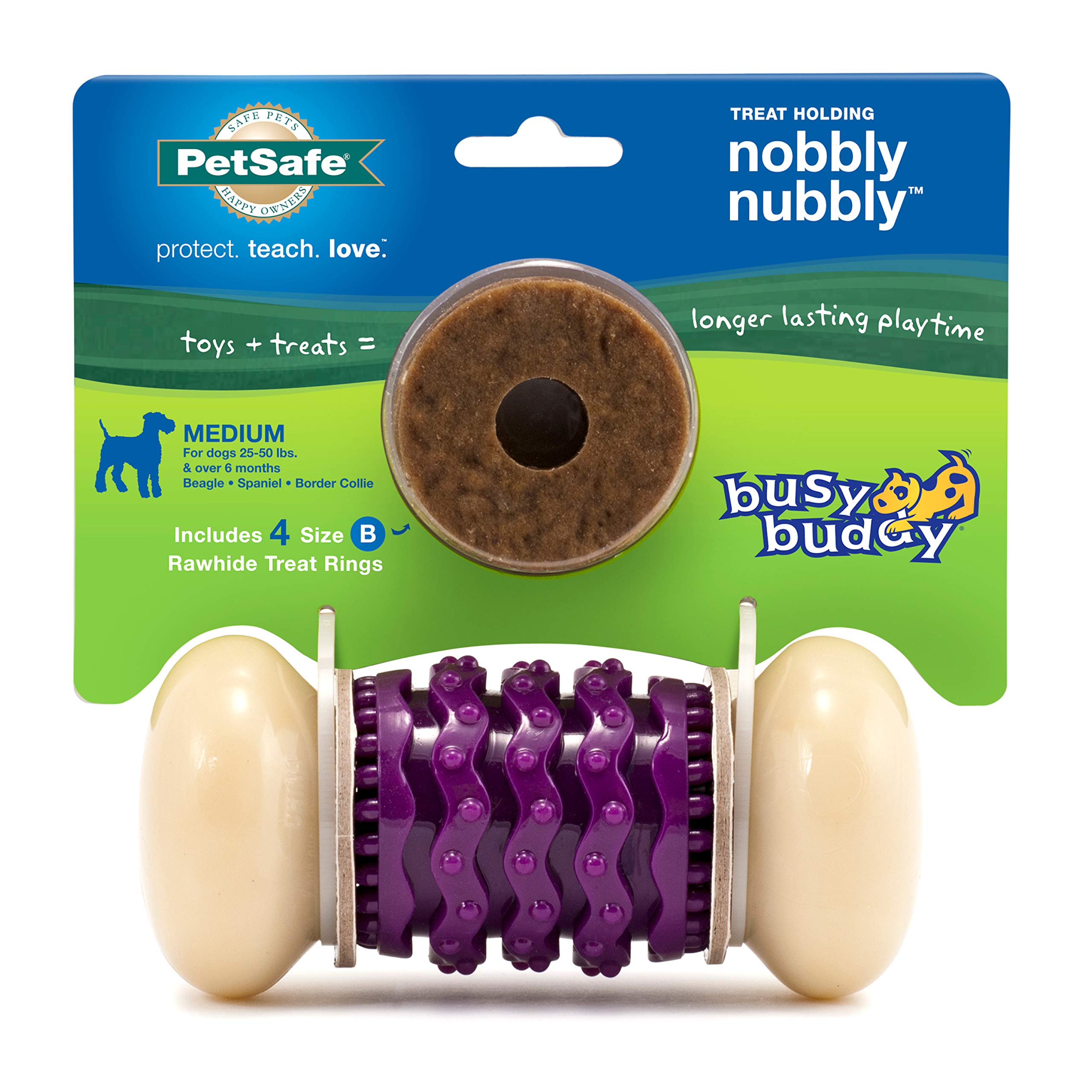 Busy Buddy Nobbly Nubbly Treat Holding Dog Toy – Strong Chewers – Challenging - Treat Rings Included - Medium