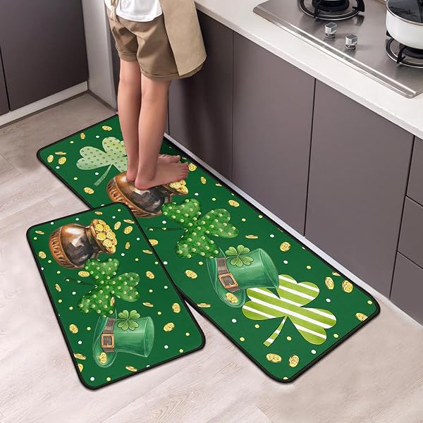 NOULMEA ST. PATRICK’S DAY CLOVER KITCHEN RUGS SET OF 2, IRISH SHAMROCK POLKA DOT STRIPED & POT OF GOLD COIN PRINT FLOOR DOOR MAT HOME DECORATIONS 17″X47″+17″X30″