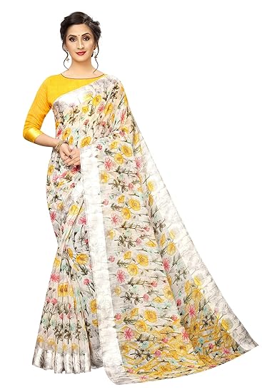 Womens Digital Linen Saree with Unstitched Blouse Piece (DigiWhiteCluster)