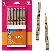 Sakura Pigma Micron Fineliner Pens, Assorted, 01 Tip - 6 Count | For Drawing, Illustration &amp; Journaling, Precise Points &amp; Lines, Pigment-Based Archival Waterproof Ink &amp; No Bleed